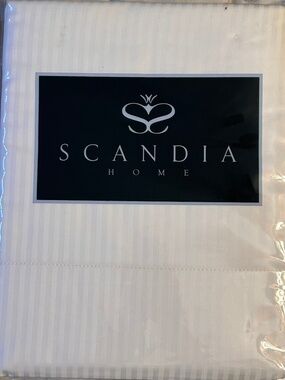 Scandia Savoia 100% Egyptian Cotton White Sateen Stripe Luxe Queen Flat Sheet